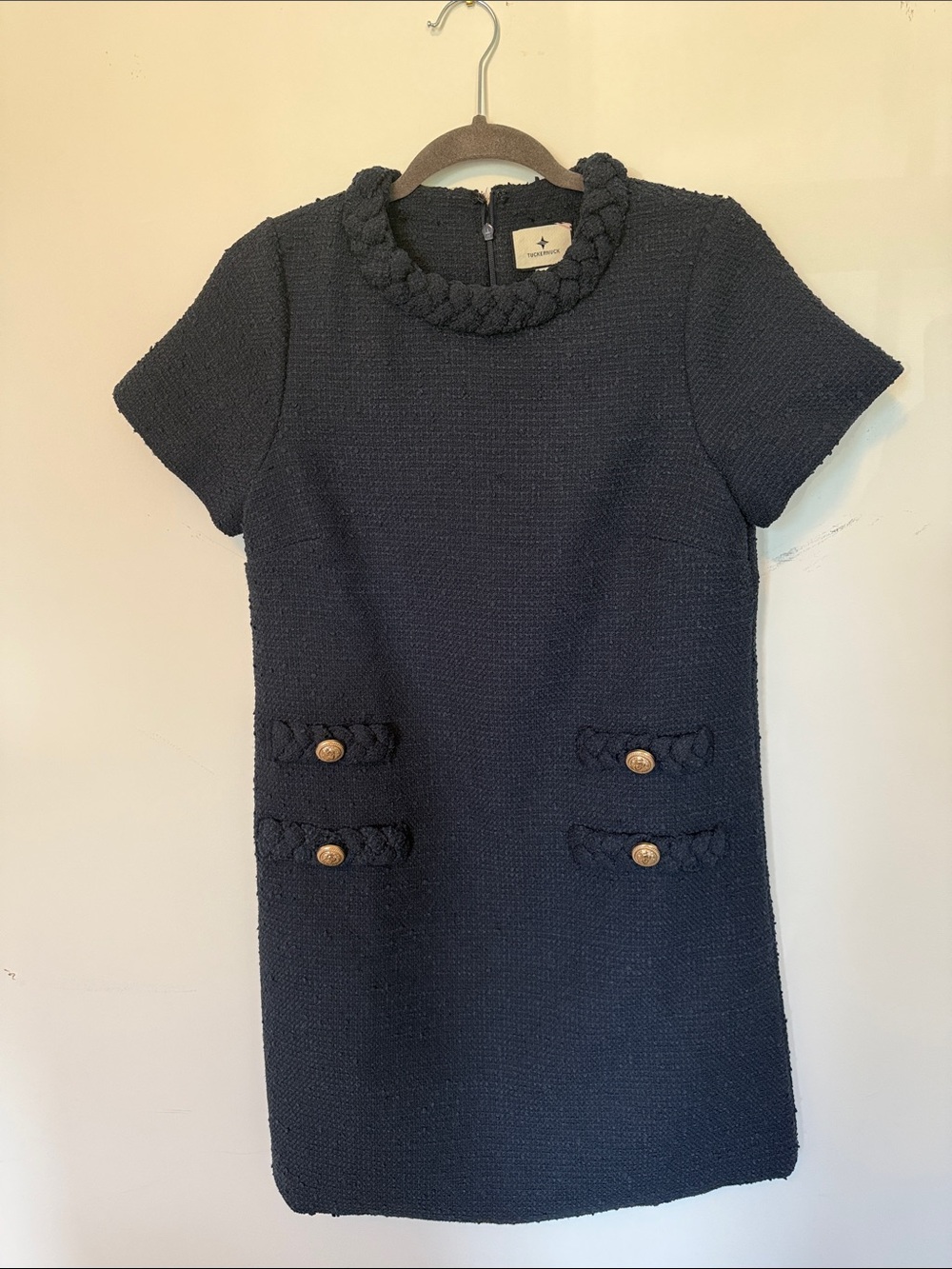 Tuckernuck Jackie Navy Braided-Trim Short Sleeve Shift Dress -small